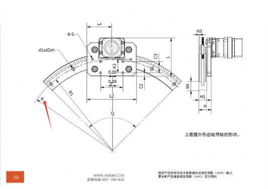 AMS(亞母斯）產(chǎn)品FDK圓弧齒輪導軌的半徑是內(nèi)圓弧還是外圓弧的半徑？